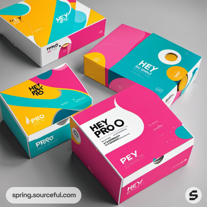 Boxes with vibrant pink, teal, and yellow designs on a gray surface.