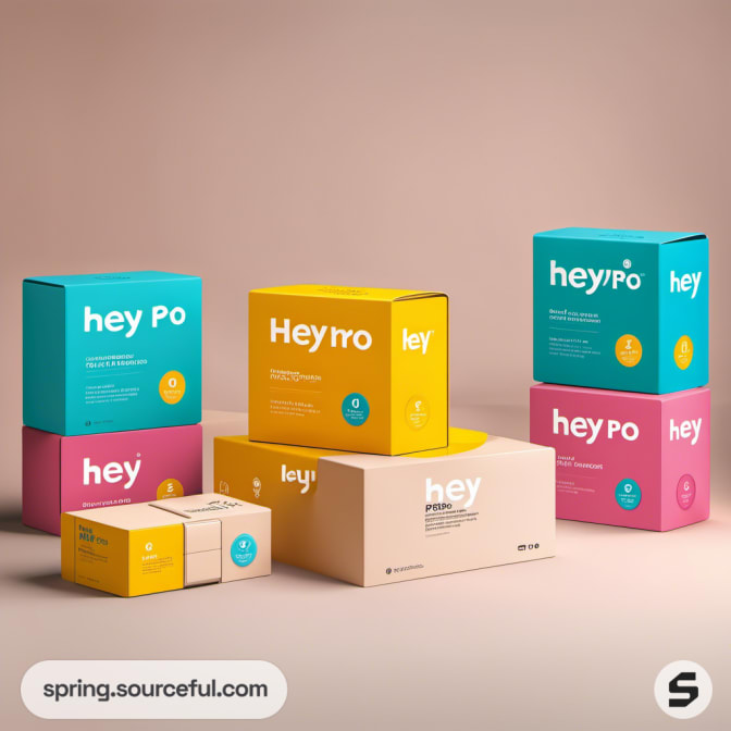 Boxes in yellow, teal, and pink arranged on a neutral backdrop.
