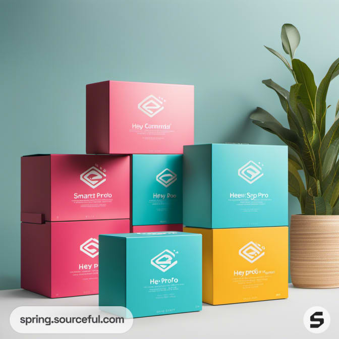 Pink, teal, and yellow boxes stacked next to a potted plant on a light green background.