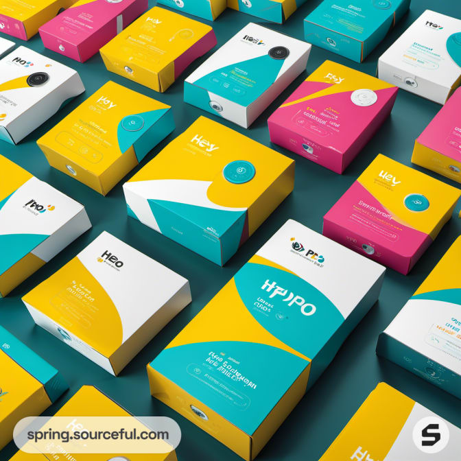 Colorful boxes in teal, yellow, pink, and white with geometric patterns on a blue surface.