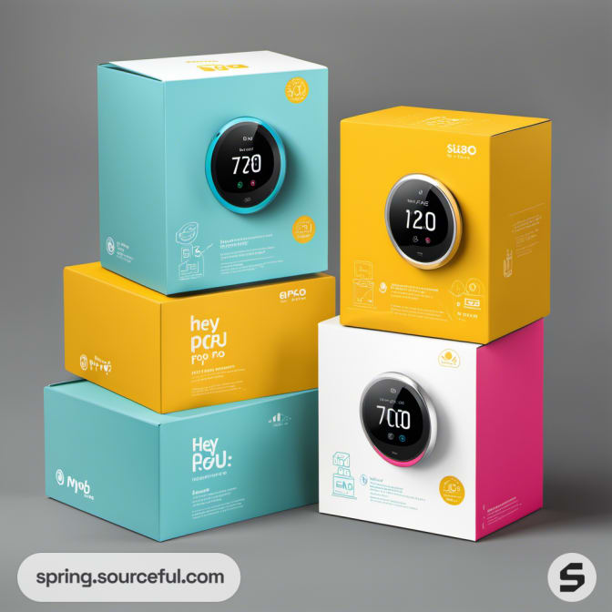 Stacked teal, yellow, and pink boxes with circular devices on a gray background.