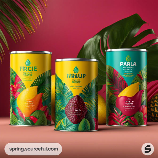 Colorful tropical-themed packages with fruits and leaves on cylindrical containers.