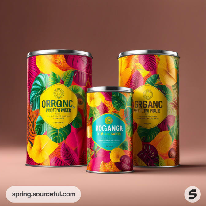 Cylindrical packages with vibrant fruit and leaf designs on a brown background.