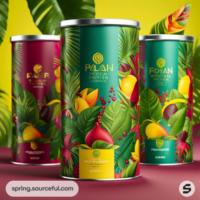 Tropical fruit and leaf design on cylindrical containers with bold colors.