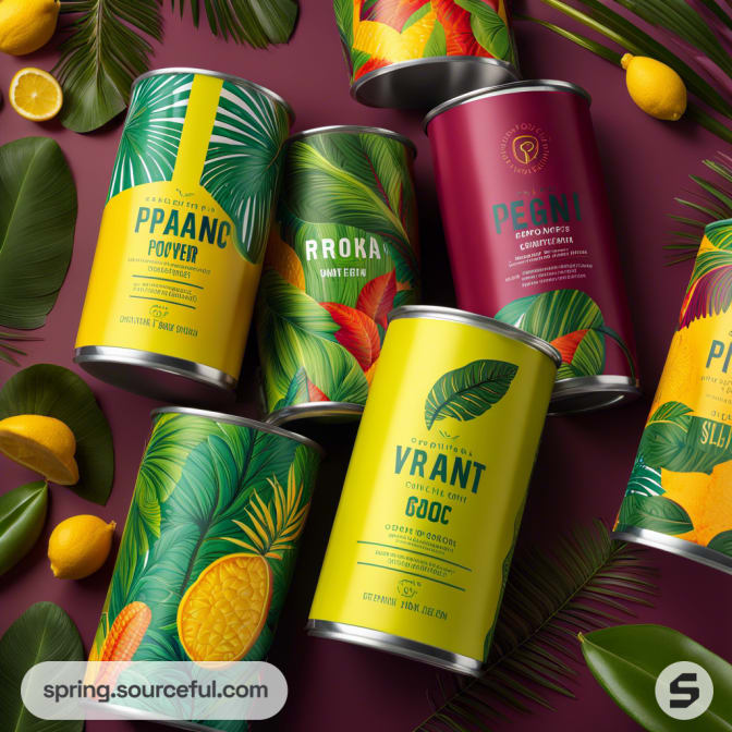 Assorted cylindrical containers with tropical fruit and leaf designs on a dark background.