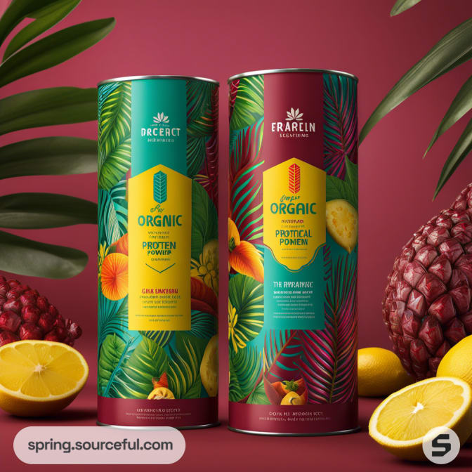 Two tropical-themed cylindrical containers with fruits and leaves, surrounded by lemons and pineapples.