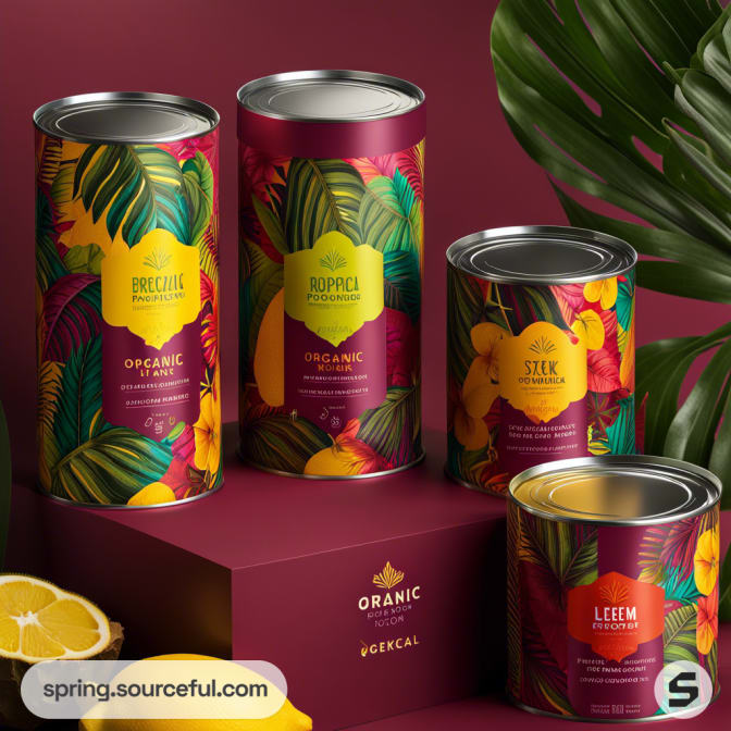 Set of cylindrical containers with tropical designs and fruits on a red background.
