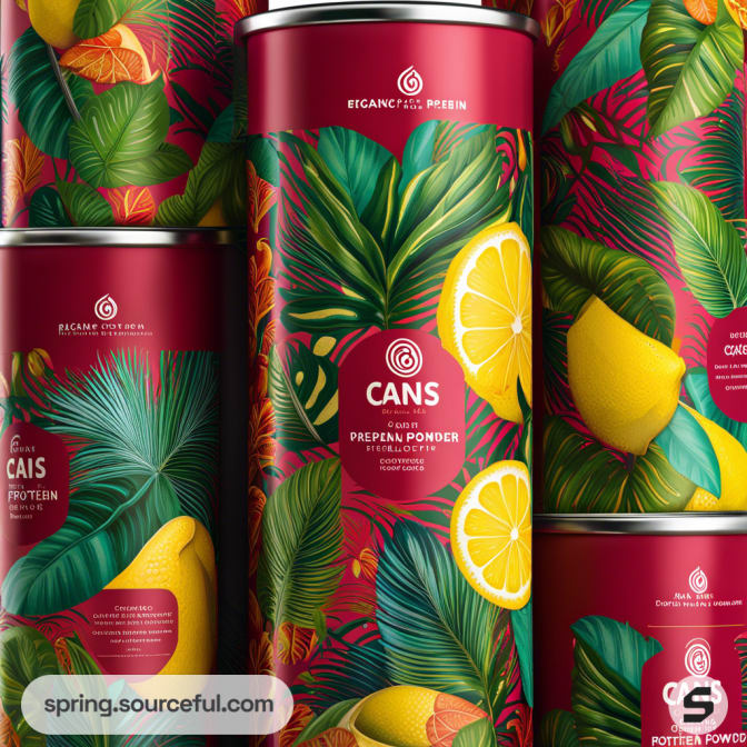 Close-up of tropical-themed cylindrical containers with leafy and fruity designs.