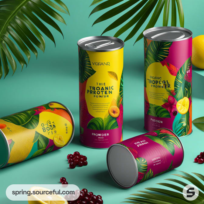 Variety of cylindrical packages with vibrant tropical designs and fruits.