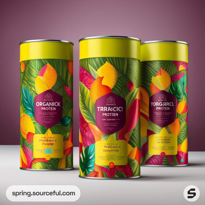 Three cylindrical containers with colorful tropical fruit and leaf designs.