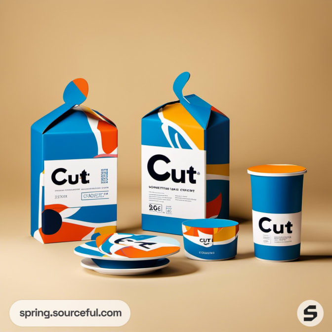 Colorful carton and cup packaging with abstract design and 'Cut' branding.