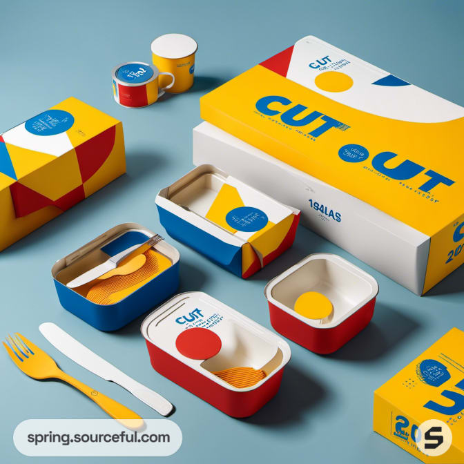 Geometric food packaging in red, blue, and yellow boxes and containers.