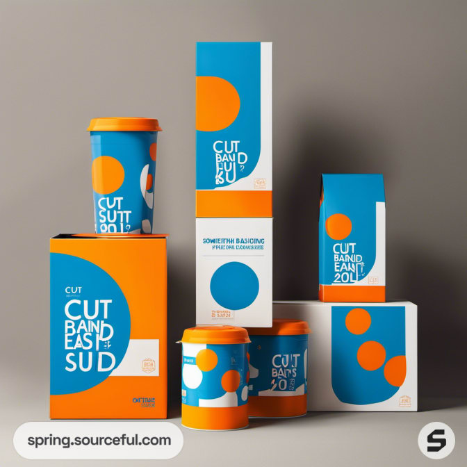 Tall and medium blue and orange containers with abstract dot patterns.