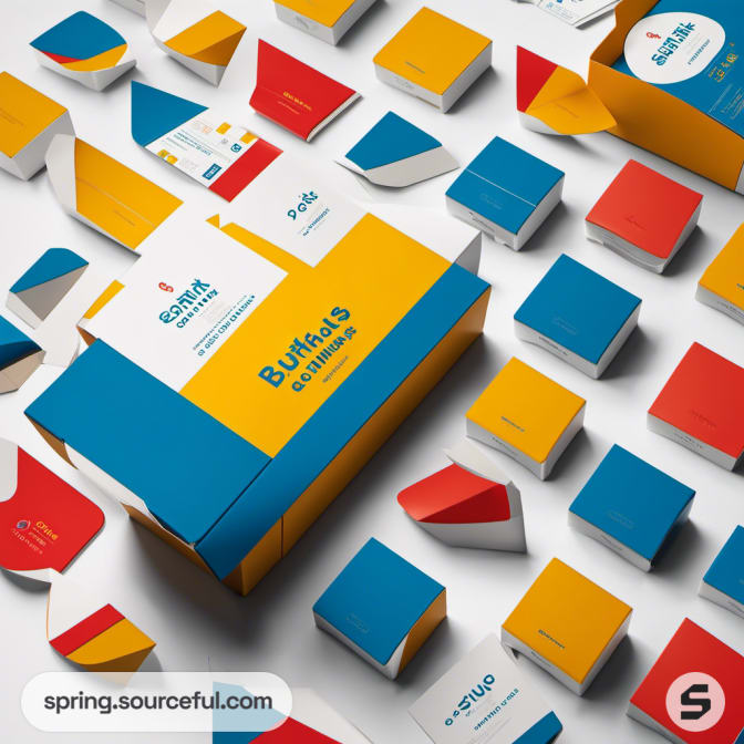Square boxes in primary colors with bold, abstract designs.