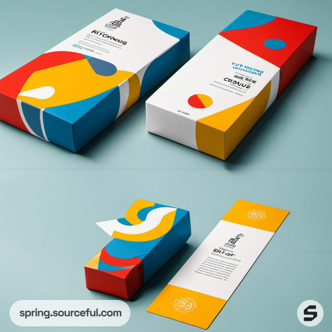 Rectangular boxes with abstract primary color patterns on pale blue.