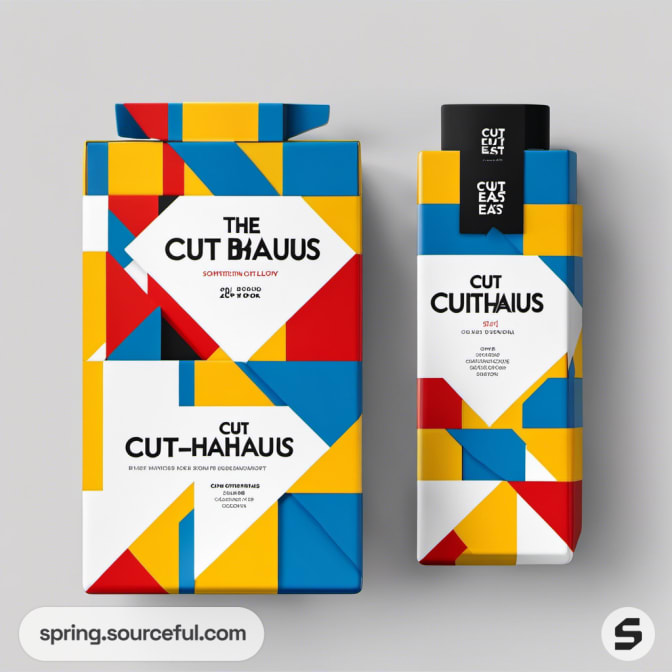 Bold geometric box packaging with red, blue, and yellow patterns.