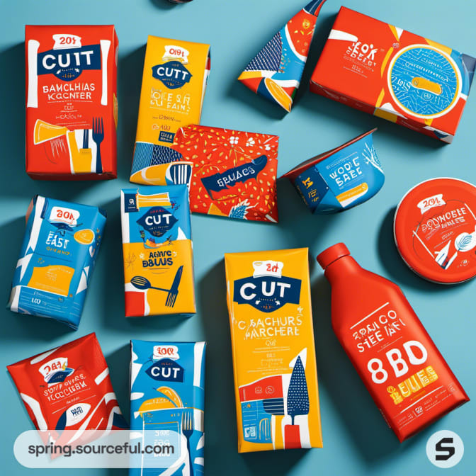 Assorted colorful food packaging on teal background with abstract designs.