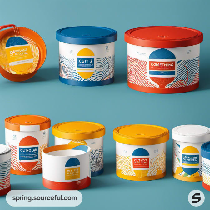 Round containers with colorful lids and minimal patterns on teal background.