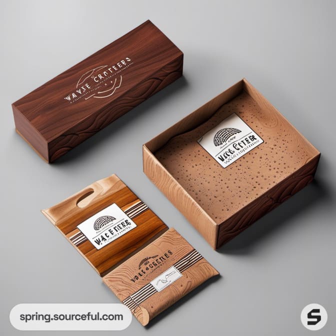 Rectangular wood-designed box with branded logo, open showing brown perforated interior and a resealable pouch.