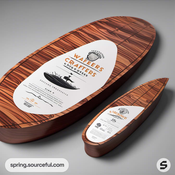 Oval and boat-shaped wood-patterned packages with white labels, featuring surfboard imagery and elegant typography.
