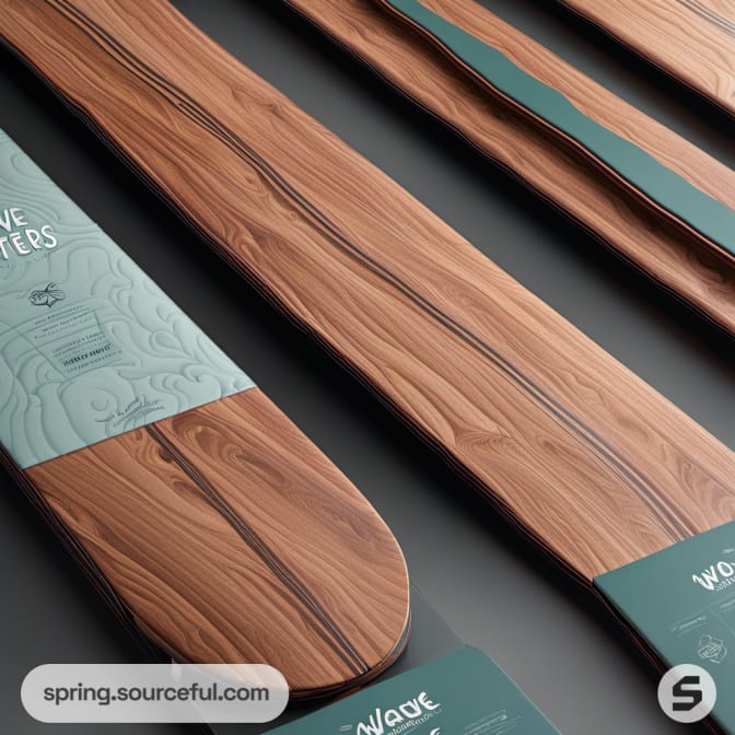 Close-up of diagonal wood-slatted boards with intricate teal design banding along the edges.