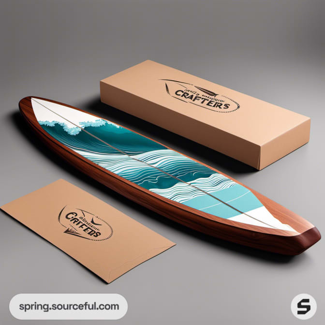 Elongated package with ocean wave design alongside a matching resealable box on grey background.