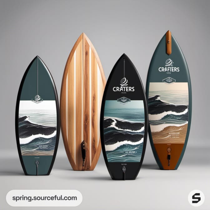 Four surfboards with oceanic designs in wood and dark tones, standing upright on a grey surface.