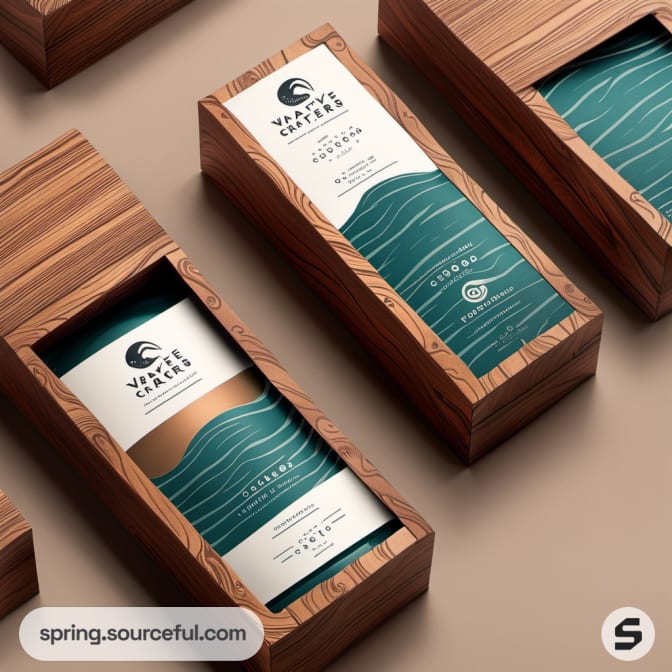 Wooden rectangular boxes with wave-patterned labels featuring blue and white water designs.