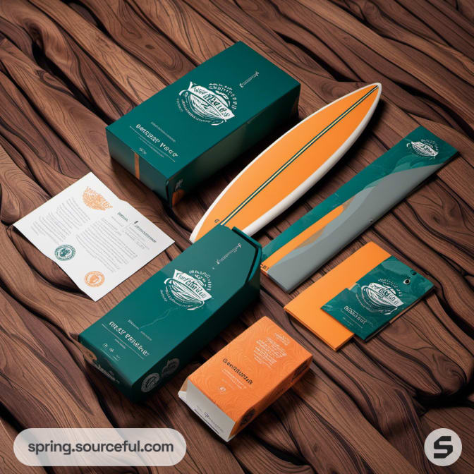 Multiple packaging pieces including a green box, orange packaging, and a mini surfboard on a wood grain background.