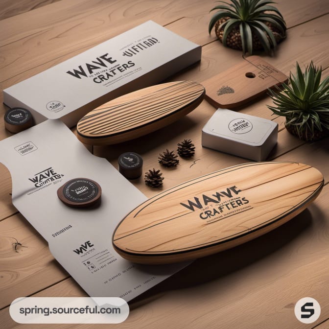 Surfboard-shaped wooden product on a table with small brown boxes and decorative plants in the background.