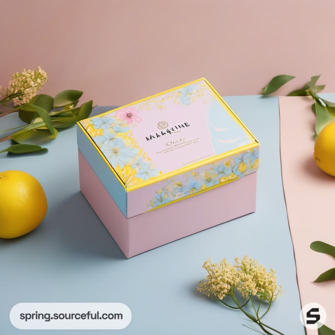 Pastel floral-themed gift box with flowers and lemons around.