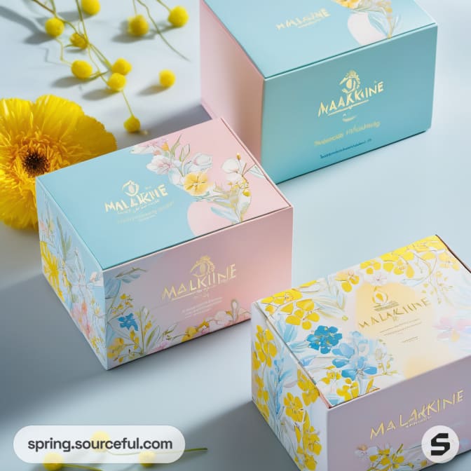 Three pastel gift boxes with floral designs on blue and pink background.