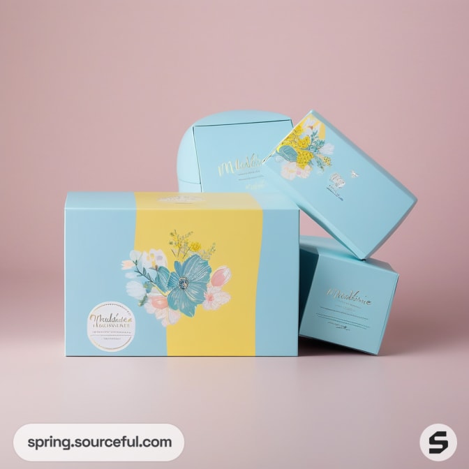 Blue and yellow floral-themed mailer boxes on a pink background.