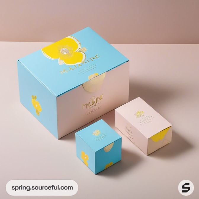 Blue and pink floral-themed boxes with yellow flower designs.