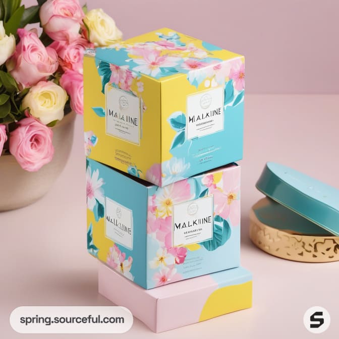 Stacked pastel boxes with floral patterns and pink roses in the background.