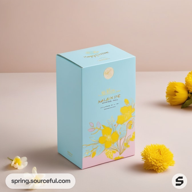 Tall blue and yellow floral-themed box with flowers around.