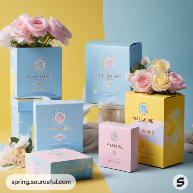 Collection of pastel boxes with floral designs and roses on blue and yellow background.