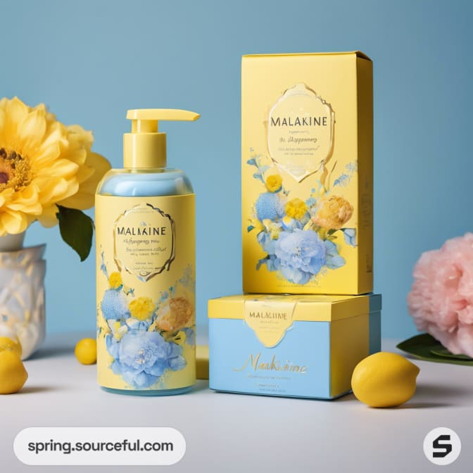 Floral-themed pump bottle and box set with yellow background flowers.