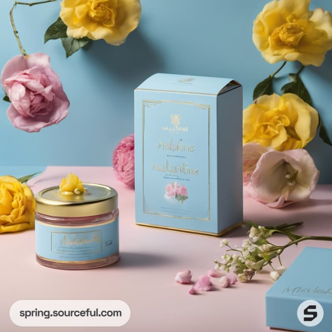 Blue floral-themed box and jar set on a pink and blue background with flowers.