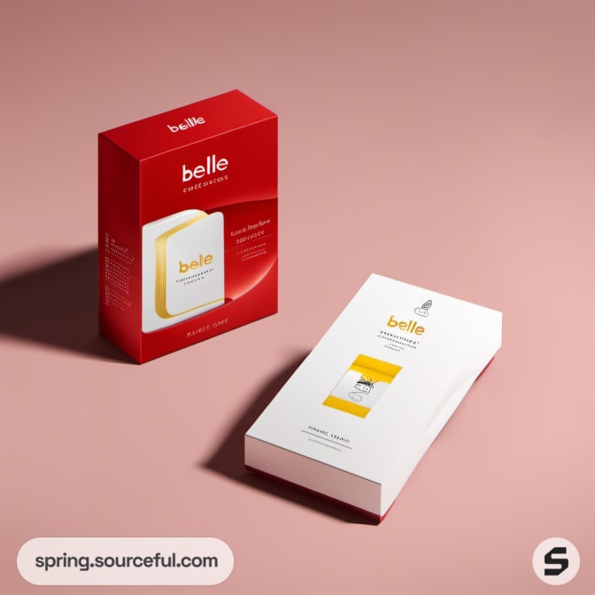 Red and white skincare box on a pink background.