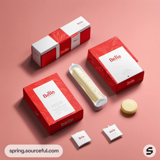 Red and white Belle packaging with tube and sachets on a pink background.