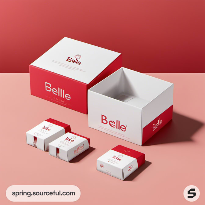Open red and white Belle box with smaller boxes inside on a pink background.