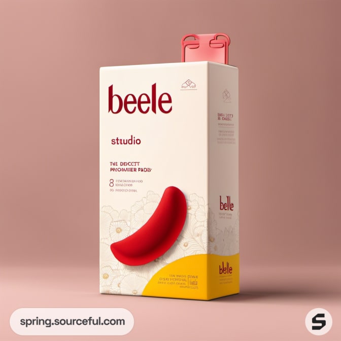 Beige and red skincare box with a bright pink background.