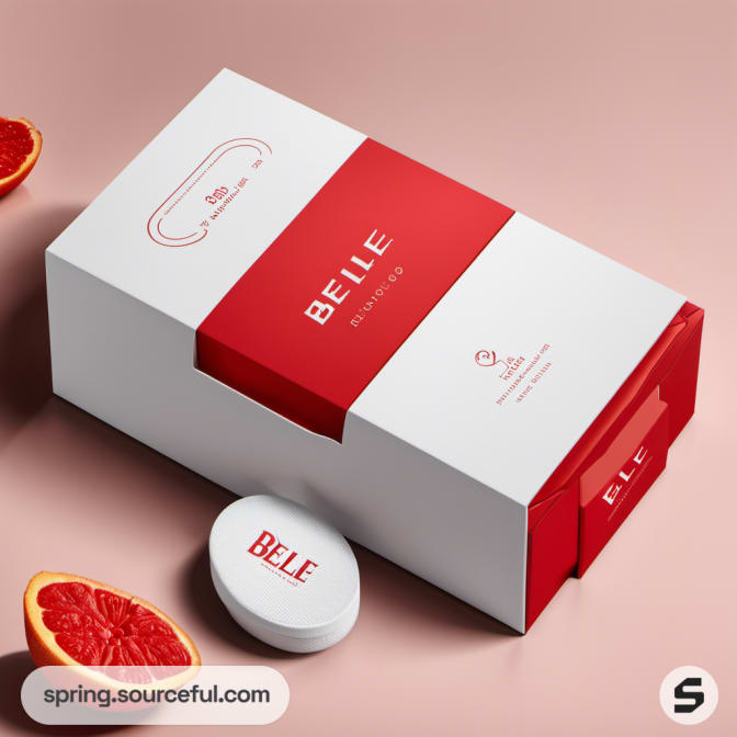 Red and white Belle skincare packaging with grapefruit slices.