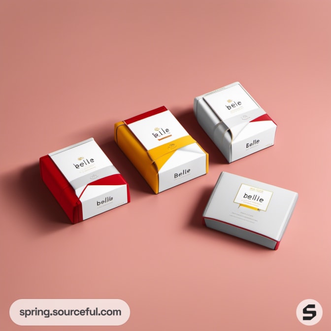 Four Belle boxes in red, yellow, silver, and white on pink surface.