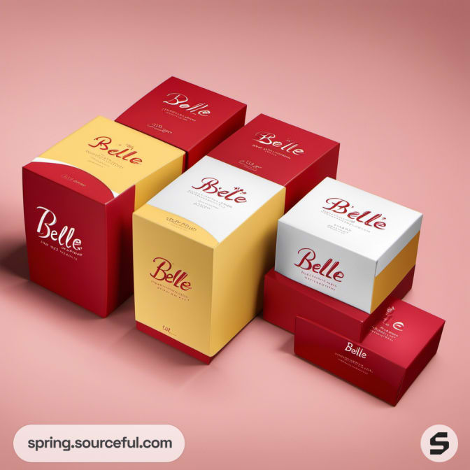 Various Belle boxes in red and yellow on a pink surface.