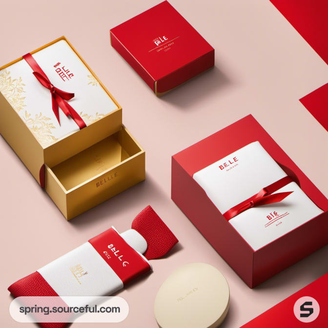 Red and gold Belle boxes with ribbons on a light background.
