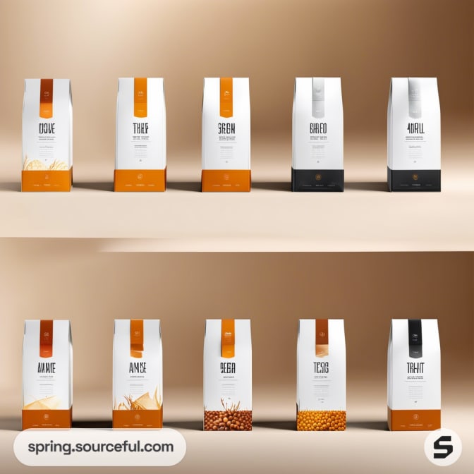 Two rows of white coffee bags with brown and black accents, displayed on a beige background.