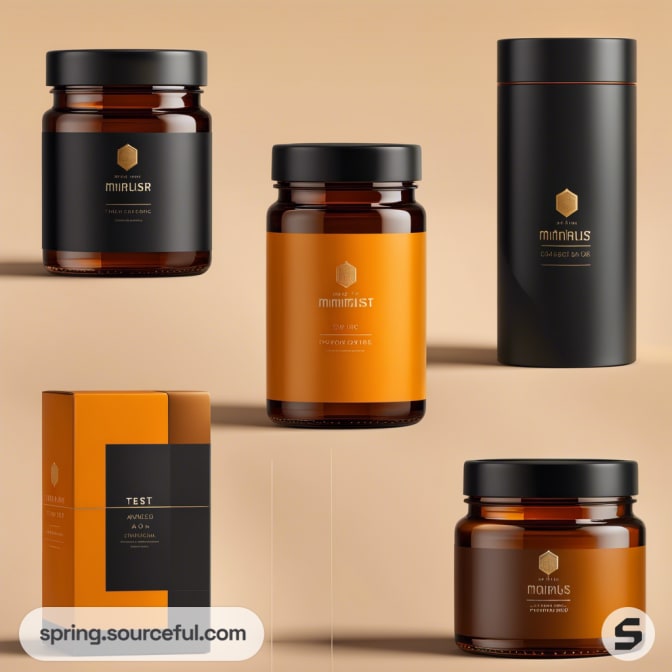Amber glass jars and cylindrical containers with black and orange labels on a beige background.