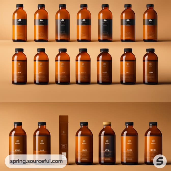 Row of amber bottles with black labels on a brown background.